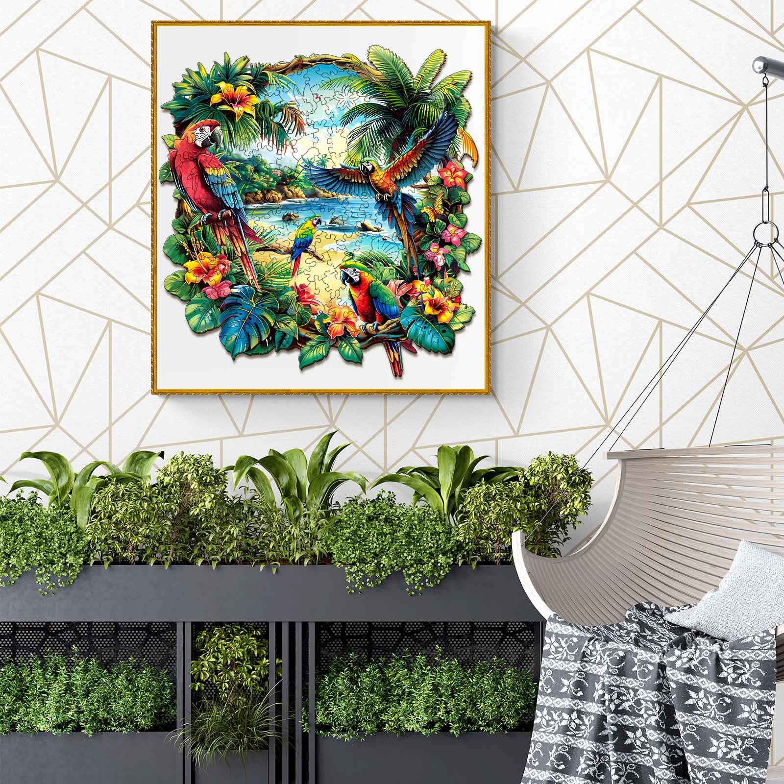 Tropical Parrot wooden jigsaw puzzle displayed in a modern room with plants and hanging chair, enhancing focus and fun.