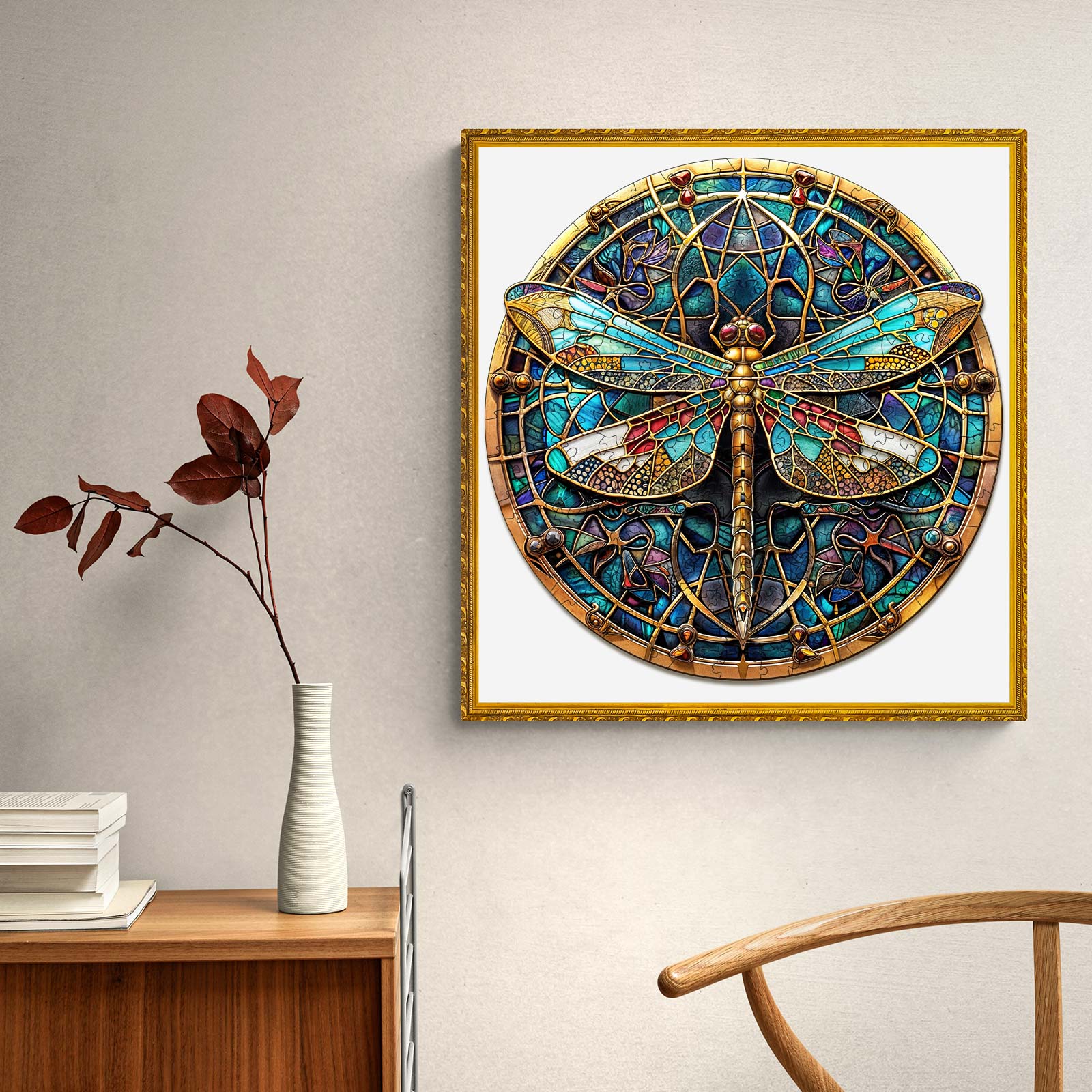 Vintage Dragonfly wooden jigsaw puzzle displayed in a stylish home setting, enhancing focus and creativity.