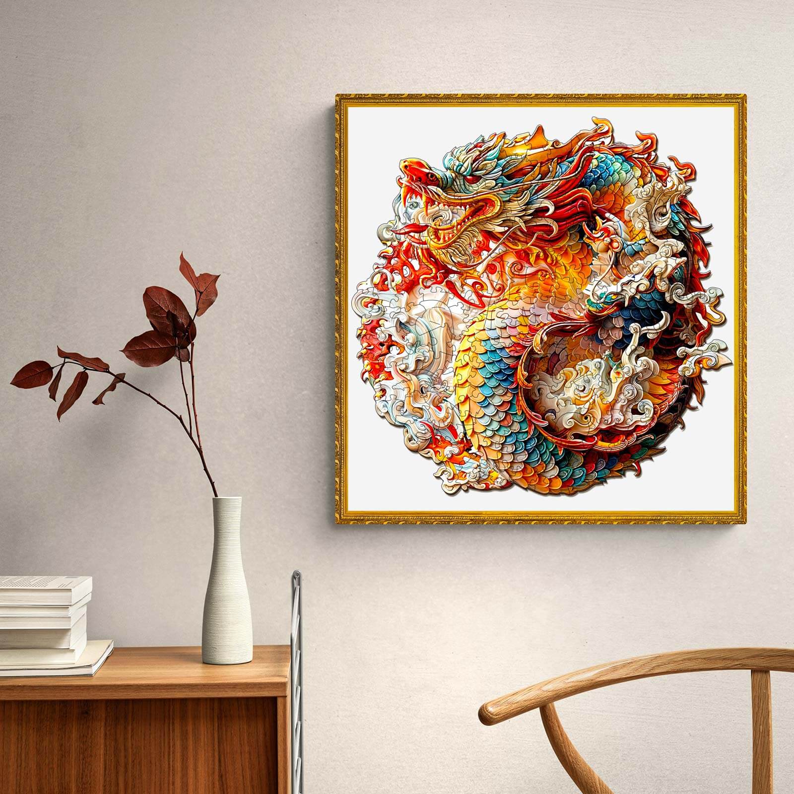 3D Chinese Dragon artwork in vibrant colors, framed, displayed in a cozy home setting with modern decor.