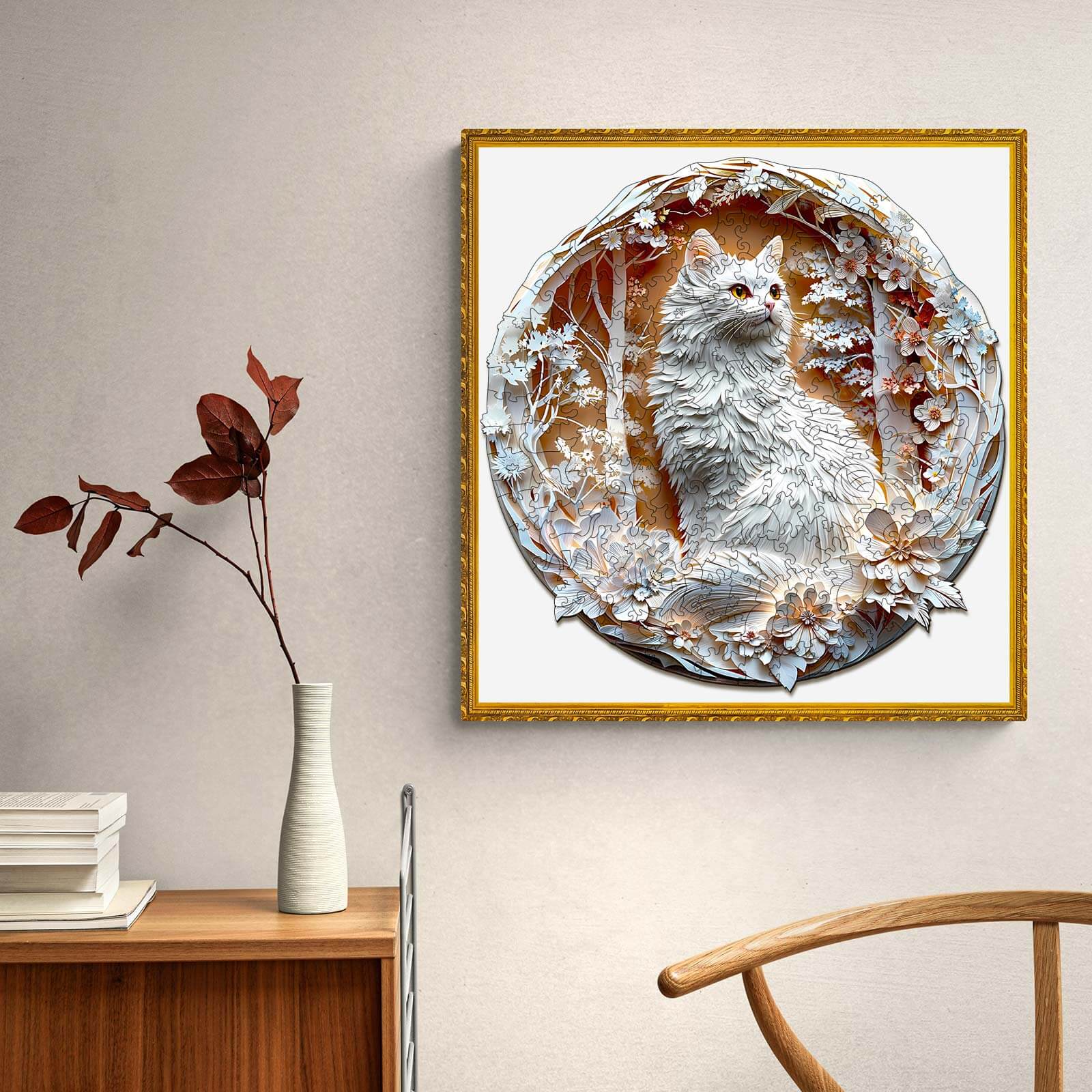 3D Cat-3 wooden jigsaw puzzle art featuring a cat within a decorative floral frame, perfect for puzzle enthusiasts.