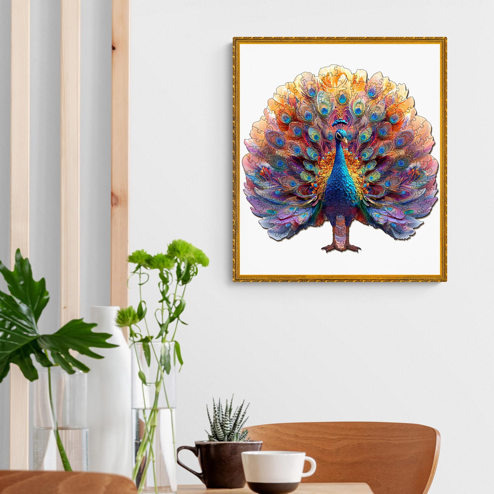 Colorful peacock wooden puzzle displayed in a modern living room, enhancing focus and mindfulness during puzzle-solving.