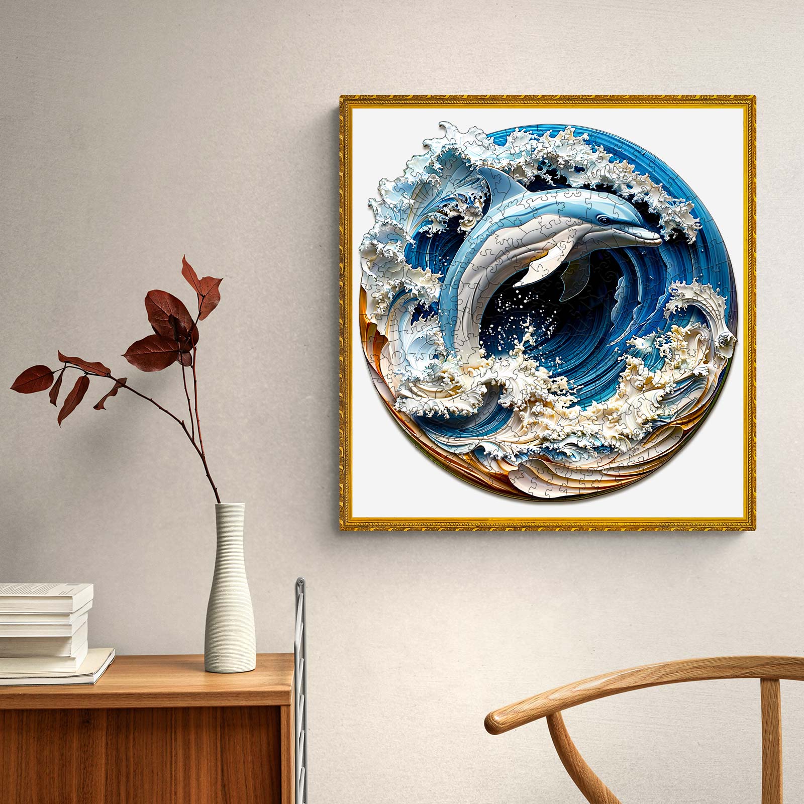 3D Dolphin-1 wooden jigsaw puzzle displayed on a wall, combining ocean waves and intricate dolphin design.