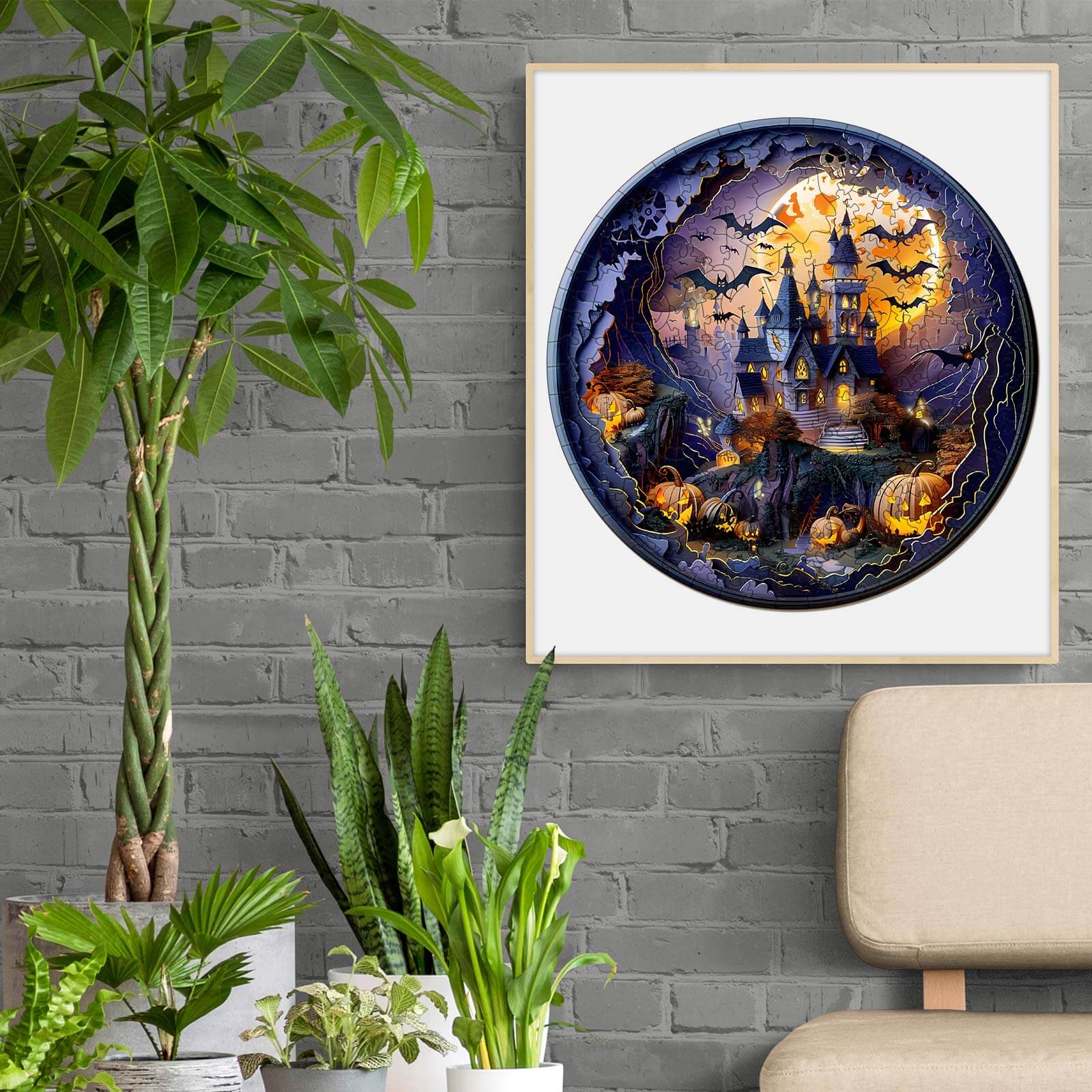 3D Halloween Castle-2 wooden jigsaw puzzle displayed in a cozy living space with plants.