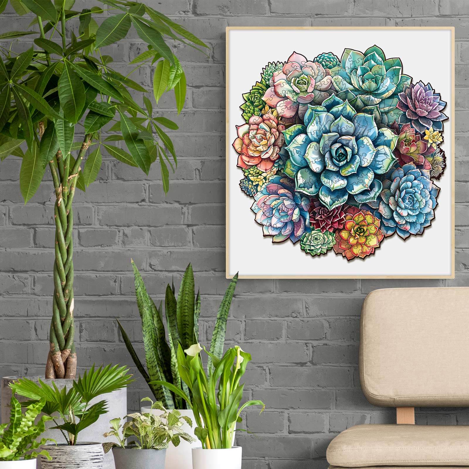 Elegant Succulent Wooden Jigsaw Puzzle artwork featuring colorful succulent plants in a modern living room setting.
