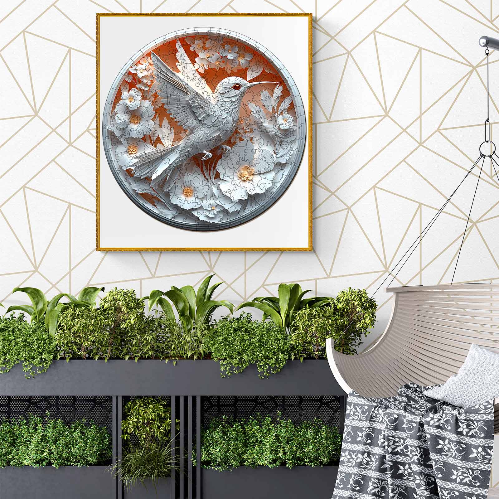 3D Paper Hummingbird puzzle displayed in modern home decor with plants and a hanging chair.