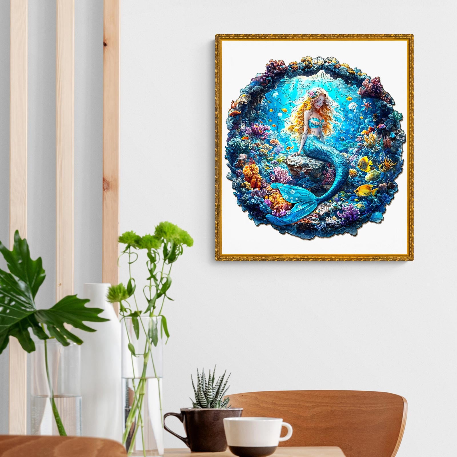 3D mermaid wooden jigsaw puzzle art displayed on wall, surrounded by plants, showcasing vibrant underwater theme.