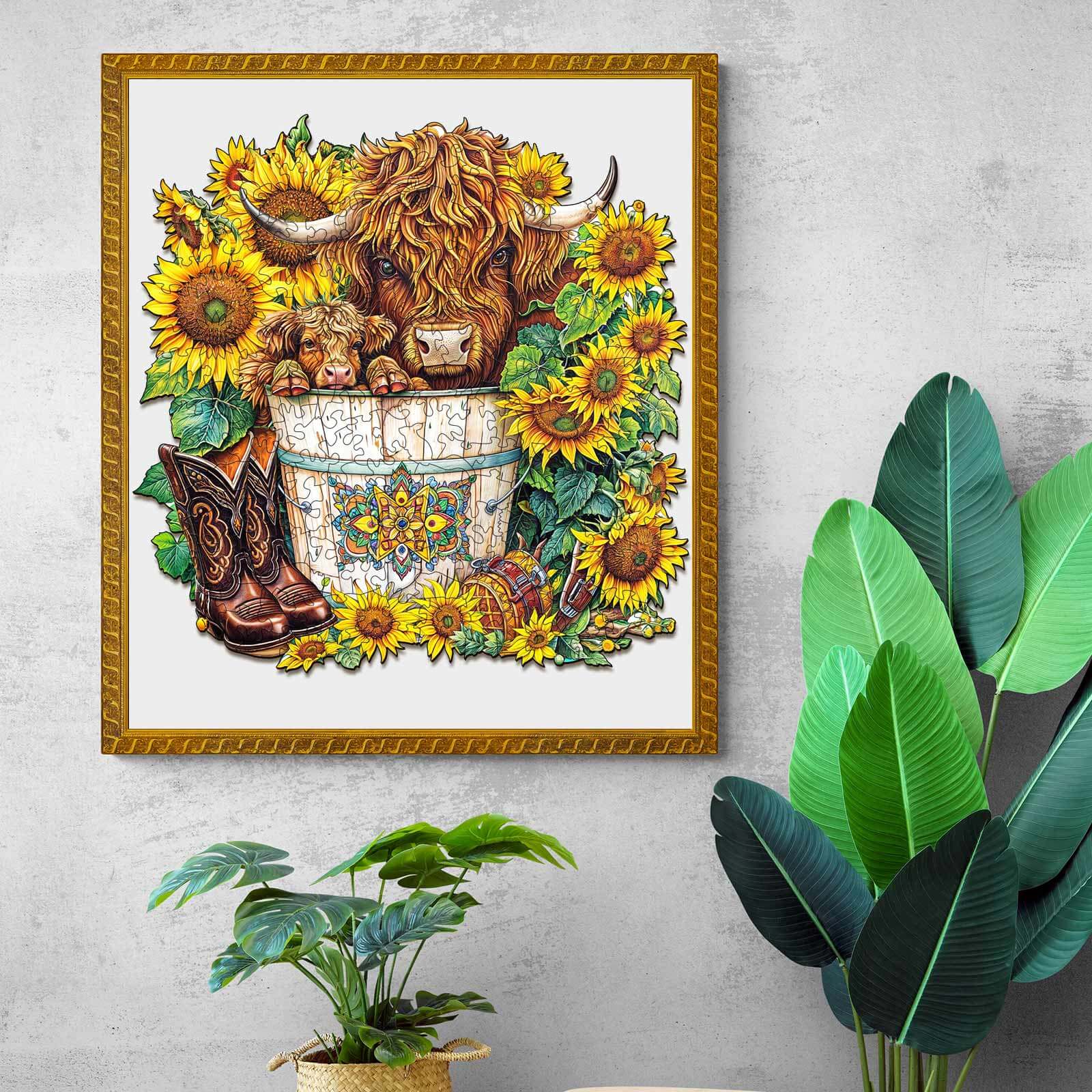 Colorful artwork featuring cows and sunflowers in a decorative pot, showcasing rustic charm and nature.
