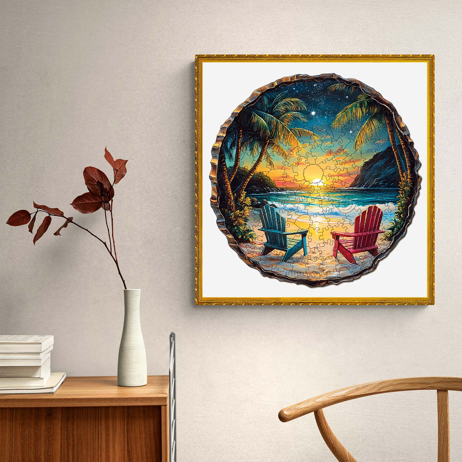 3D Sunset Beach wooden jigsaw puzzle displayed in a framed setting, featuring colorful adirondack chairs and a vibrant sunset.