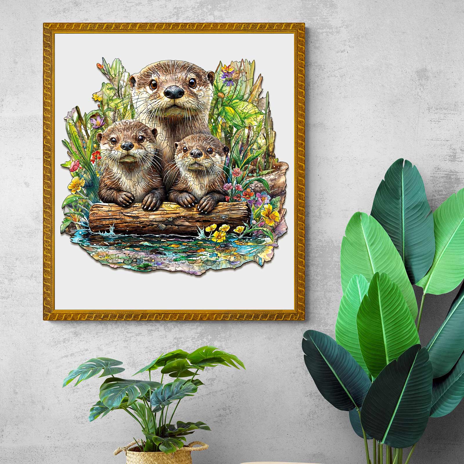 Colorful illustration of otters by a stream with plants, perfect for home decor enthusiasts.