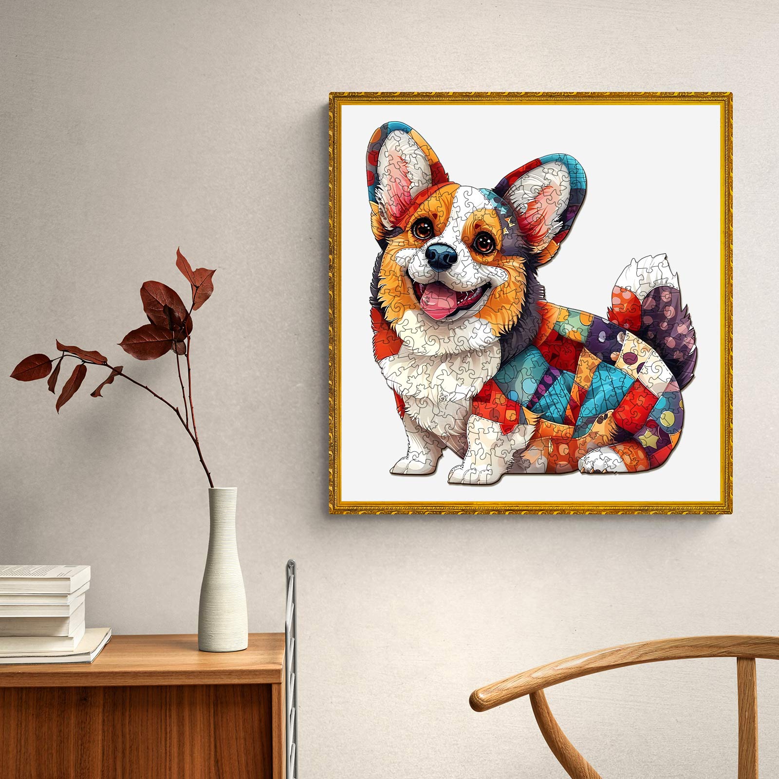 Colorful Patchwork Corgi wooden jigsaw puzzle, perfect for puzzle enthusiasts and mind games lovers.
