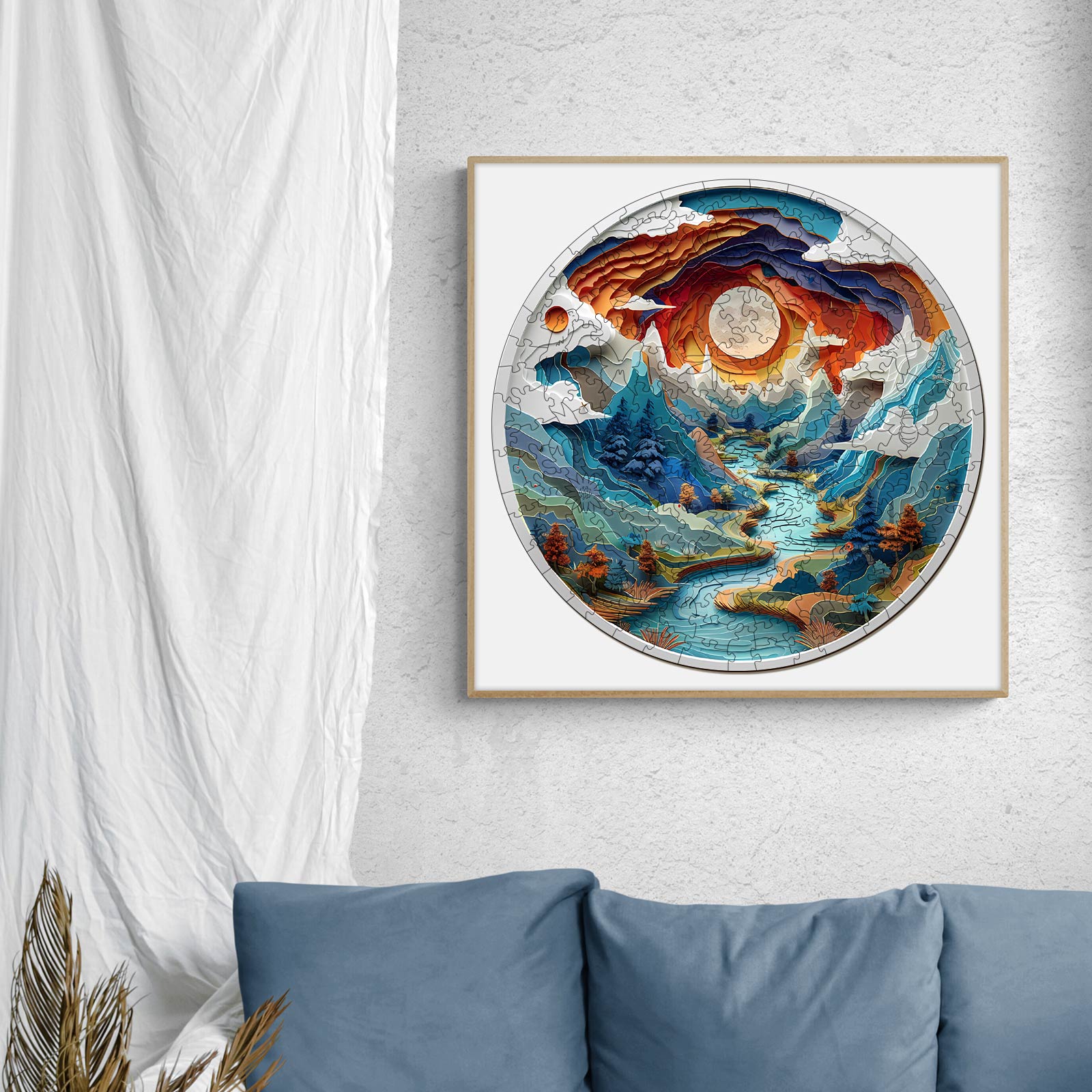 3D vision inside the cave-3 wooden jigsaw puzzle depicting a colorful mountainous landscape with a river and sun.
