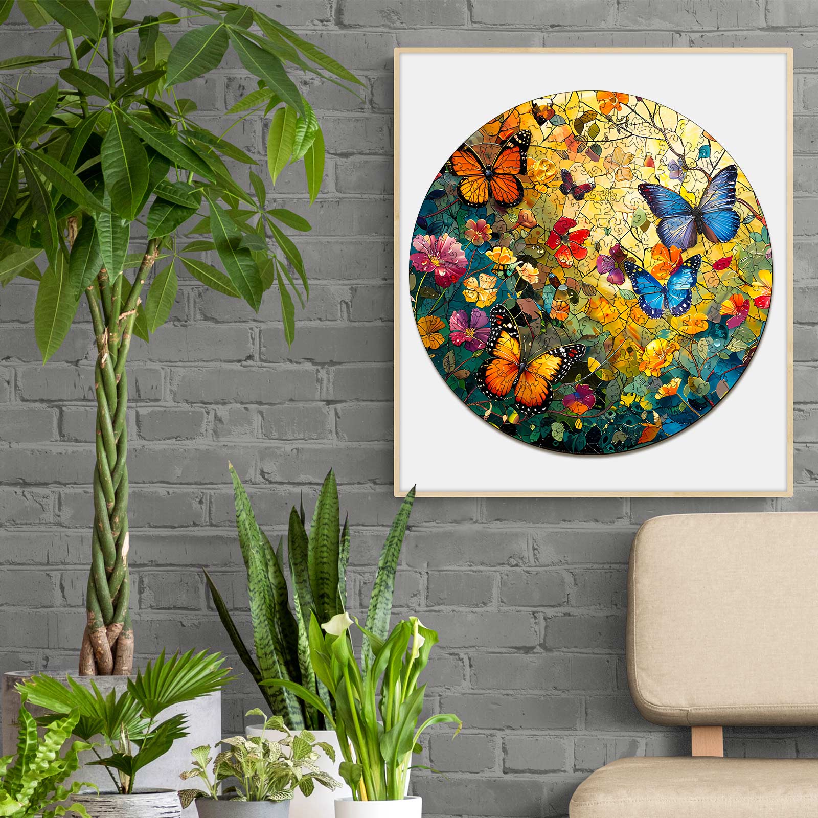 Butterflies and Flowers Wooden Jigsaw Puzzle displayed in a vibrant home setting with greenery.