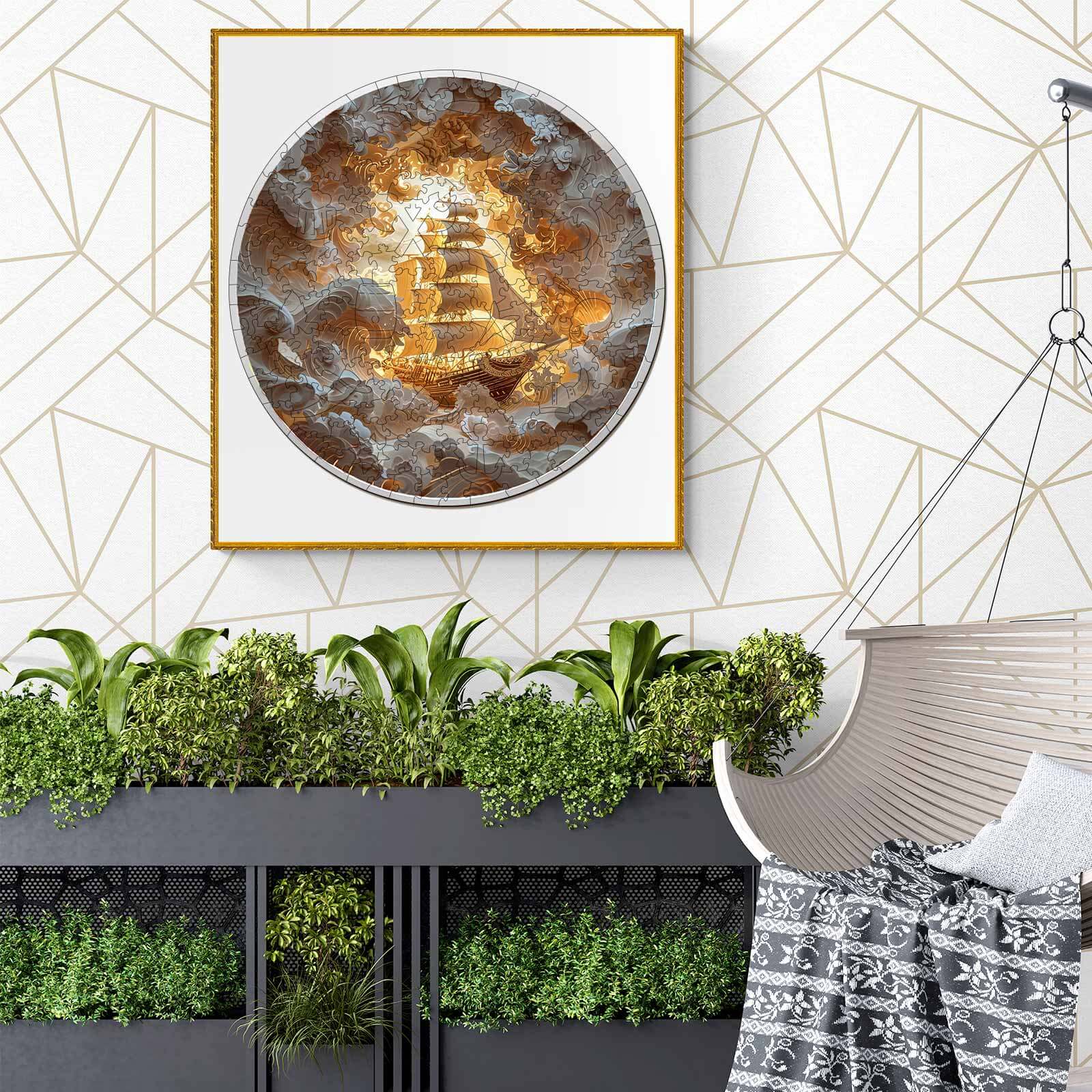 Framed gold and silver abstract wall art with Chinese characters, displayed in a stylish indoor setting with greenery.