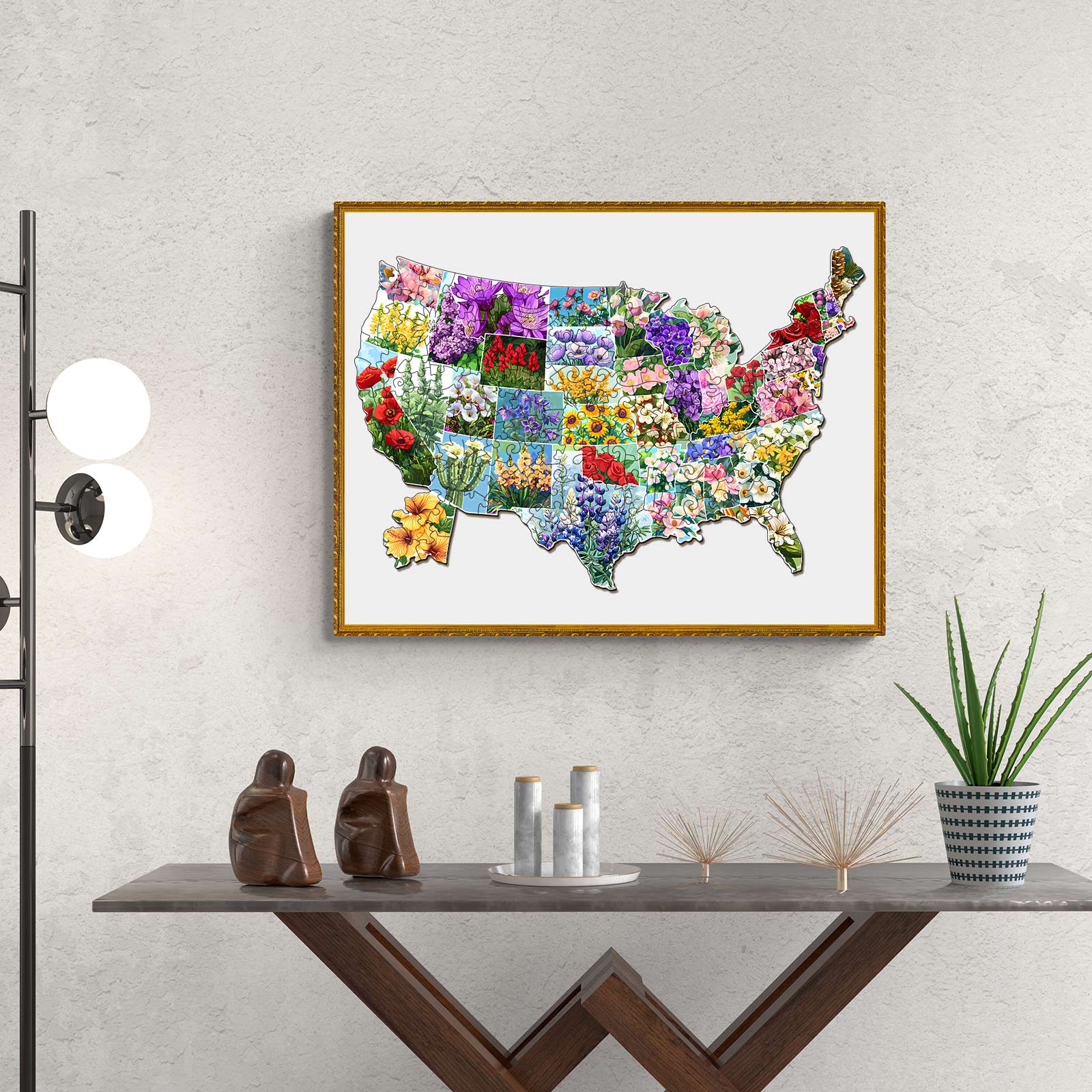 Colorful wooden jigsaw puzzle of USA state flowers displayed on a modern wall with decorative items.
