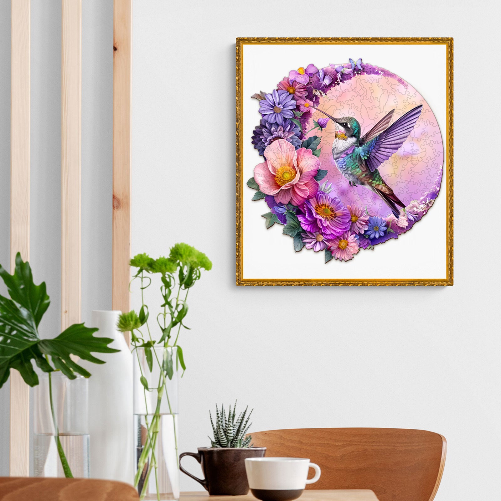 Hummingbird and Moon wooden jigsaw puzzle art featuring vibrant flowers, perfect for puzzle lovers and home decor.