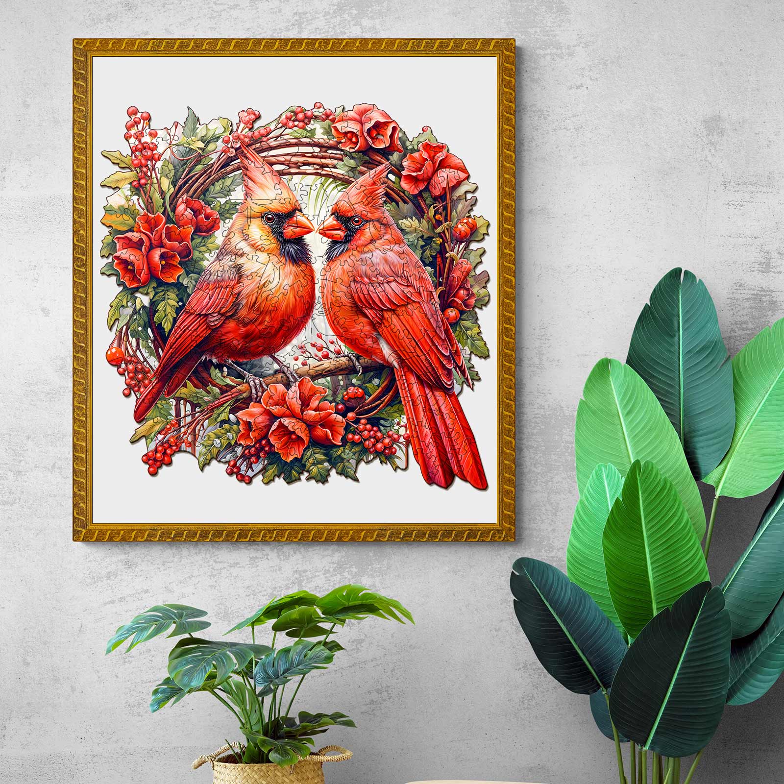 Framed illustration of two vibrant red cardinals surrounded by flowers and greenery, accentuating nature's beauty.