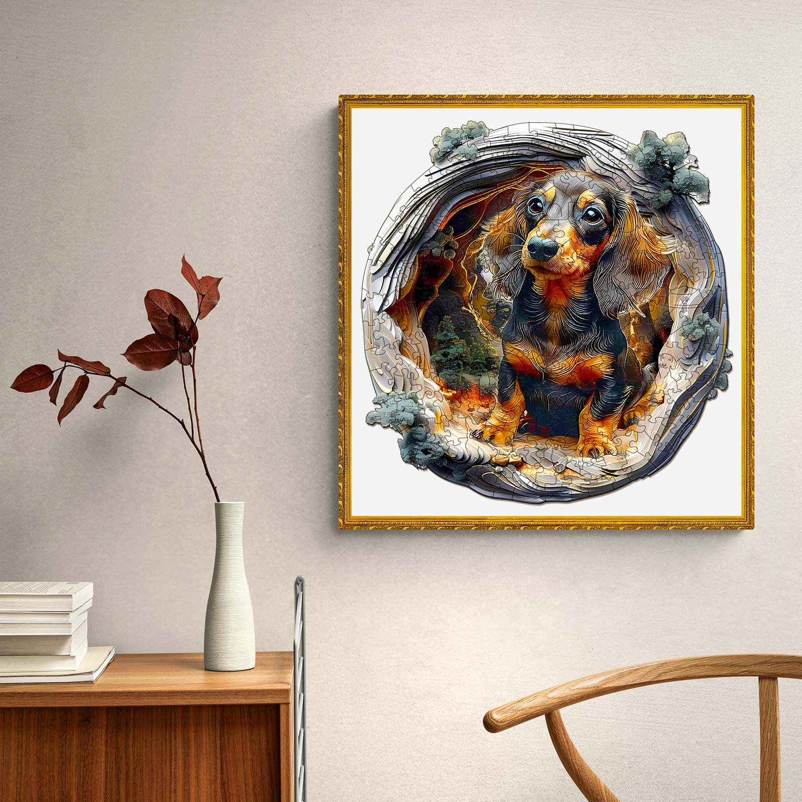 3D Dachshund wall art in a stylish living room, showcasing vibrant colors and playful design.