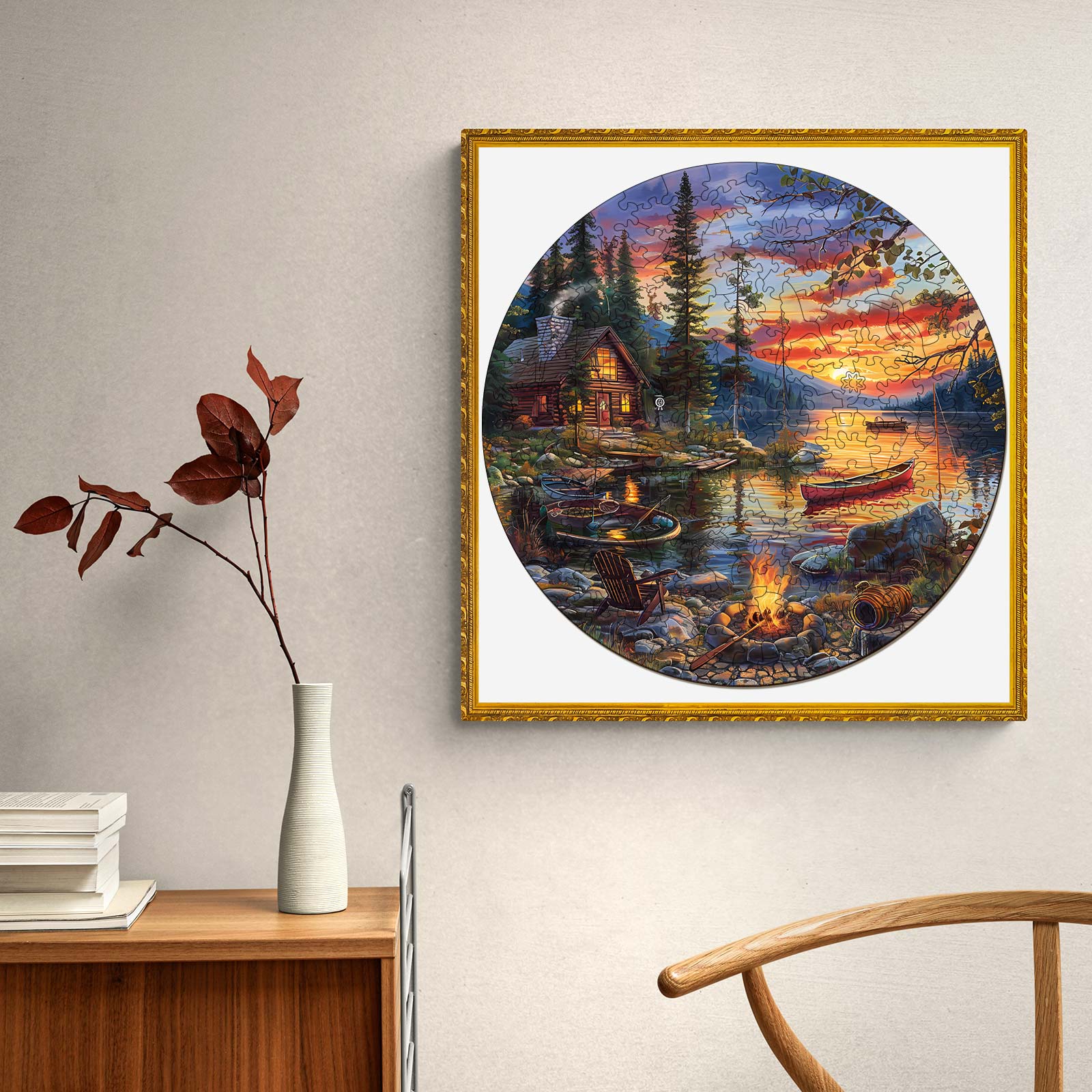 Canoe Lake-2 wooden jigsaw puzzle featuring a serene lakeside sunset and cozy cabin scene.