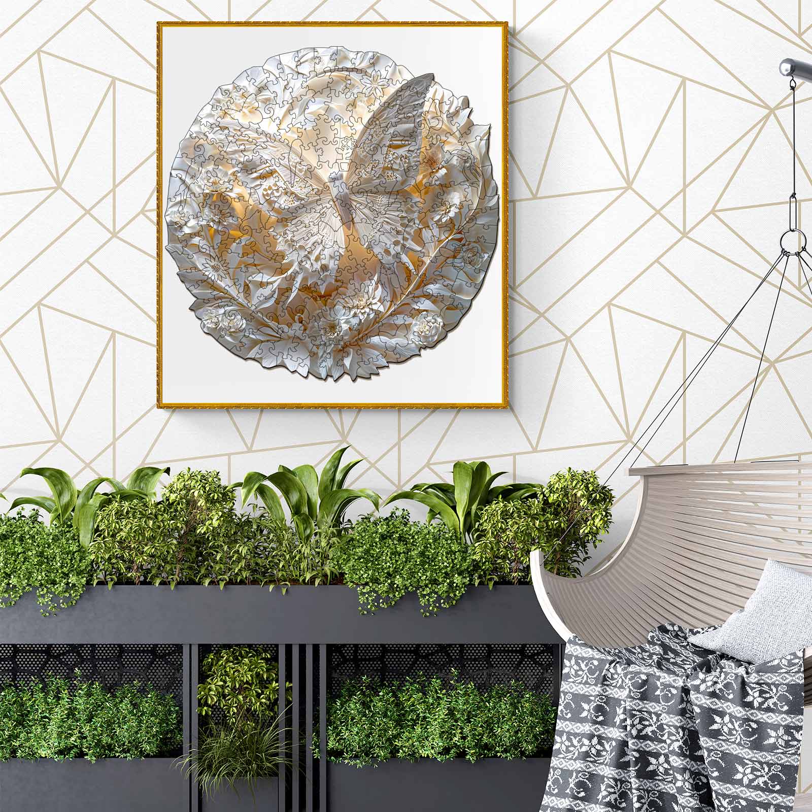 3D Paper Butterfly wooden jigsaw puzzle displayed on a modern wall with greenery, perfect for puzzle lovers and home decor.