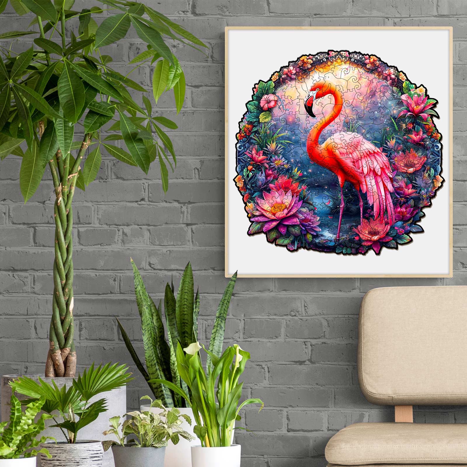 Colorful flamingo artwork surrounded by flowers, perfect for enhancing home decor with a touch of elegance.