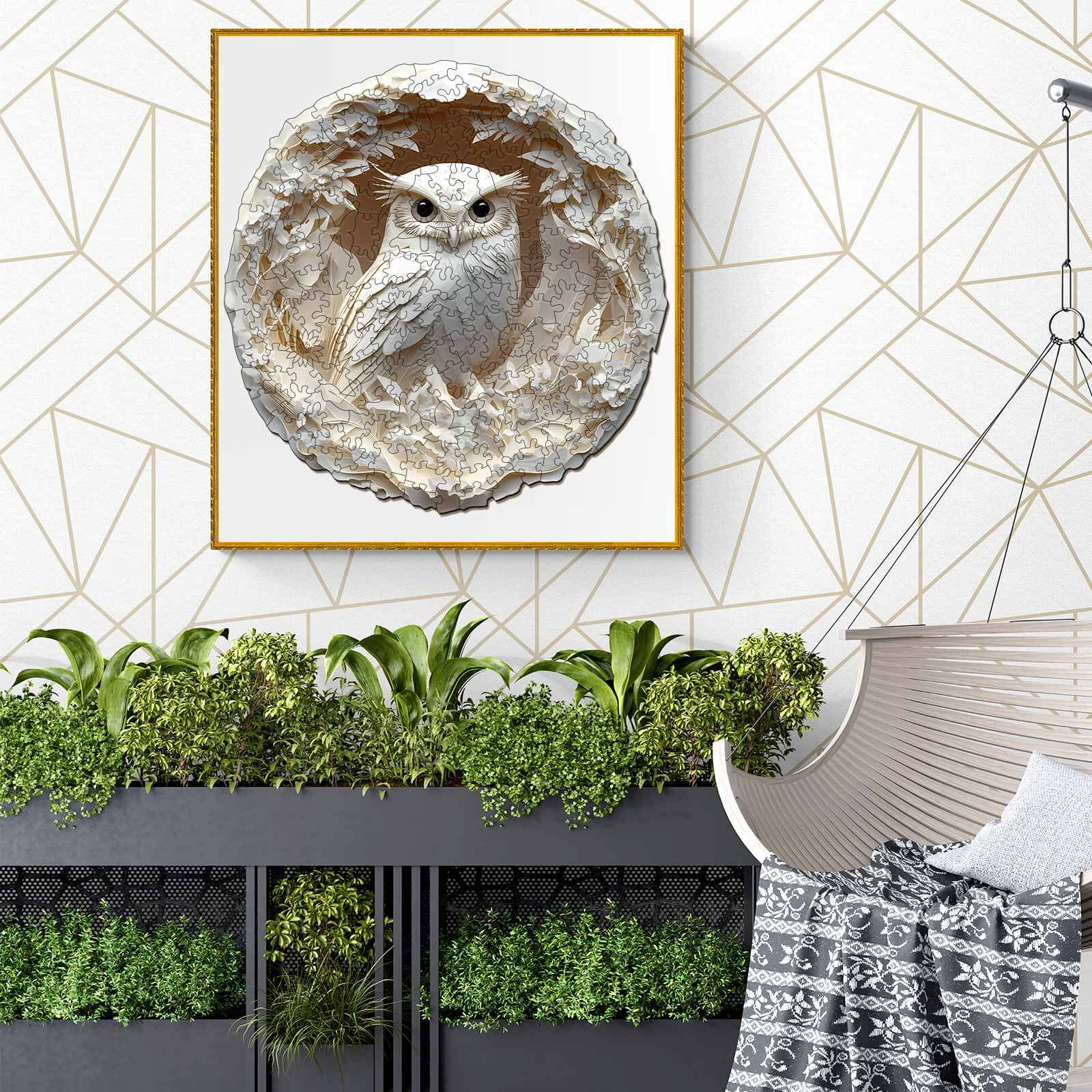 3D Paper Carved Owl wooden jigsaw puzzle displayed in a modern interior with plants and a cozy hanging chair.
