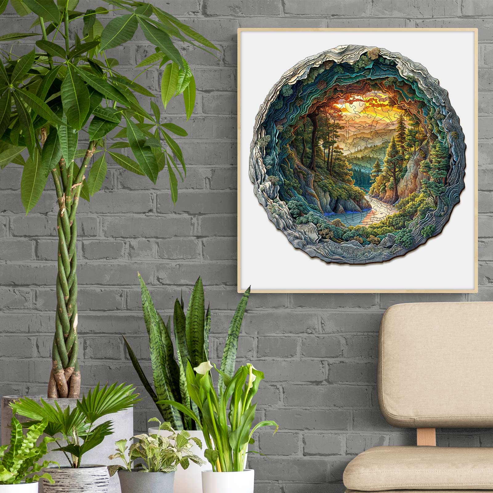 3D cave forest wooden jigsaw puzzle artwork displayed in a modern living room with plants and a cozy chair.