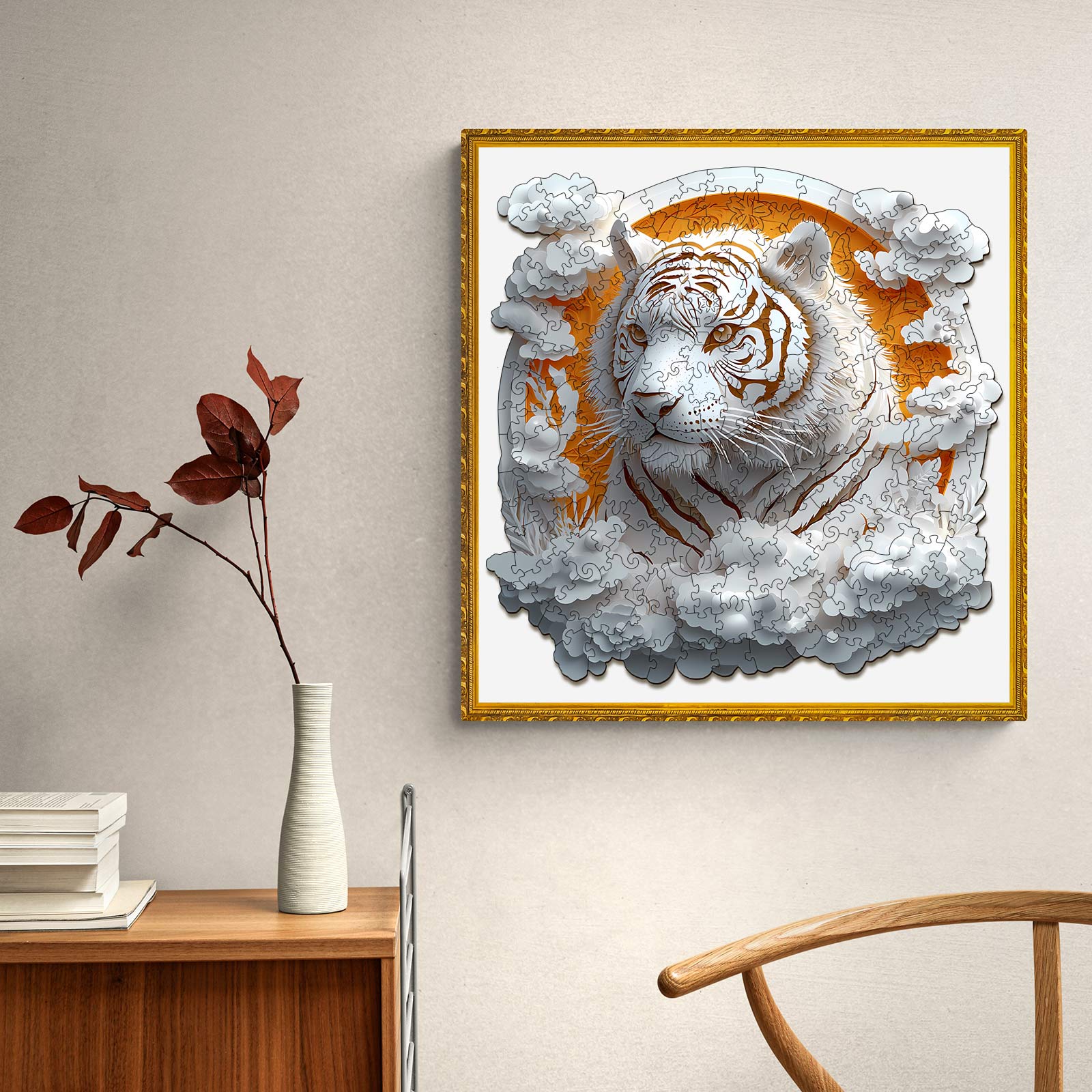 Artistic depiction of a paper tiger within clouds, framed on a wall, enhancing home decor with a focus on wildlife.