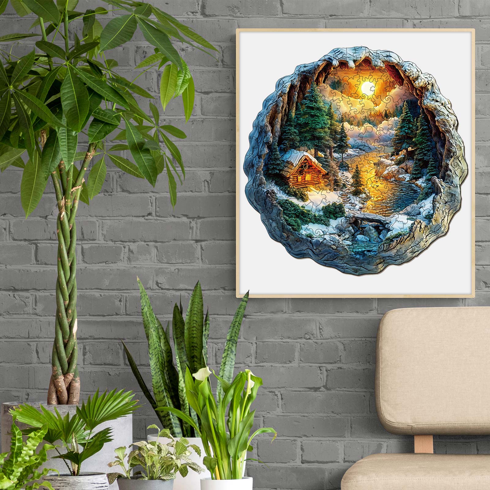 3D Winter Scene Wooden Jigsaw Puzzle displayed in a cozy home setting with plants and a stylish chair.