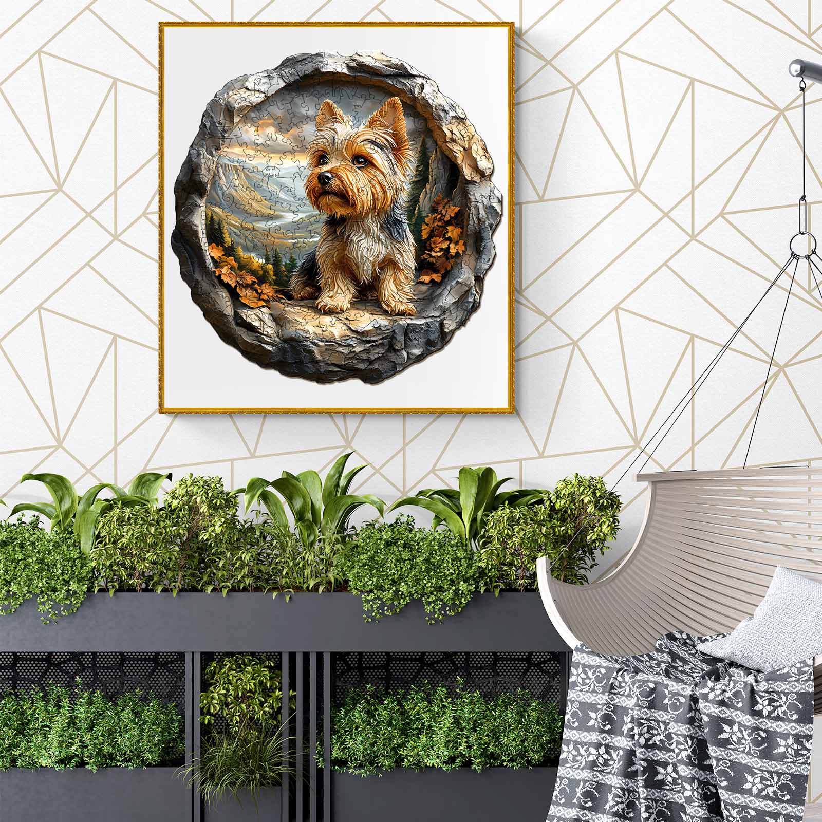 3D Yorkshire dog artwork displayed in a modern room with greenery and geometric wall design.
