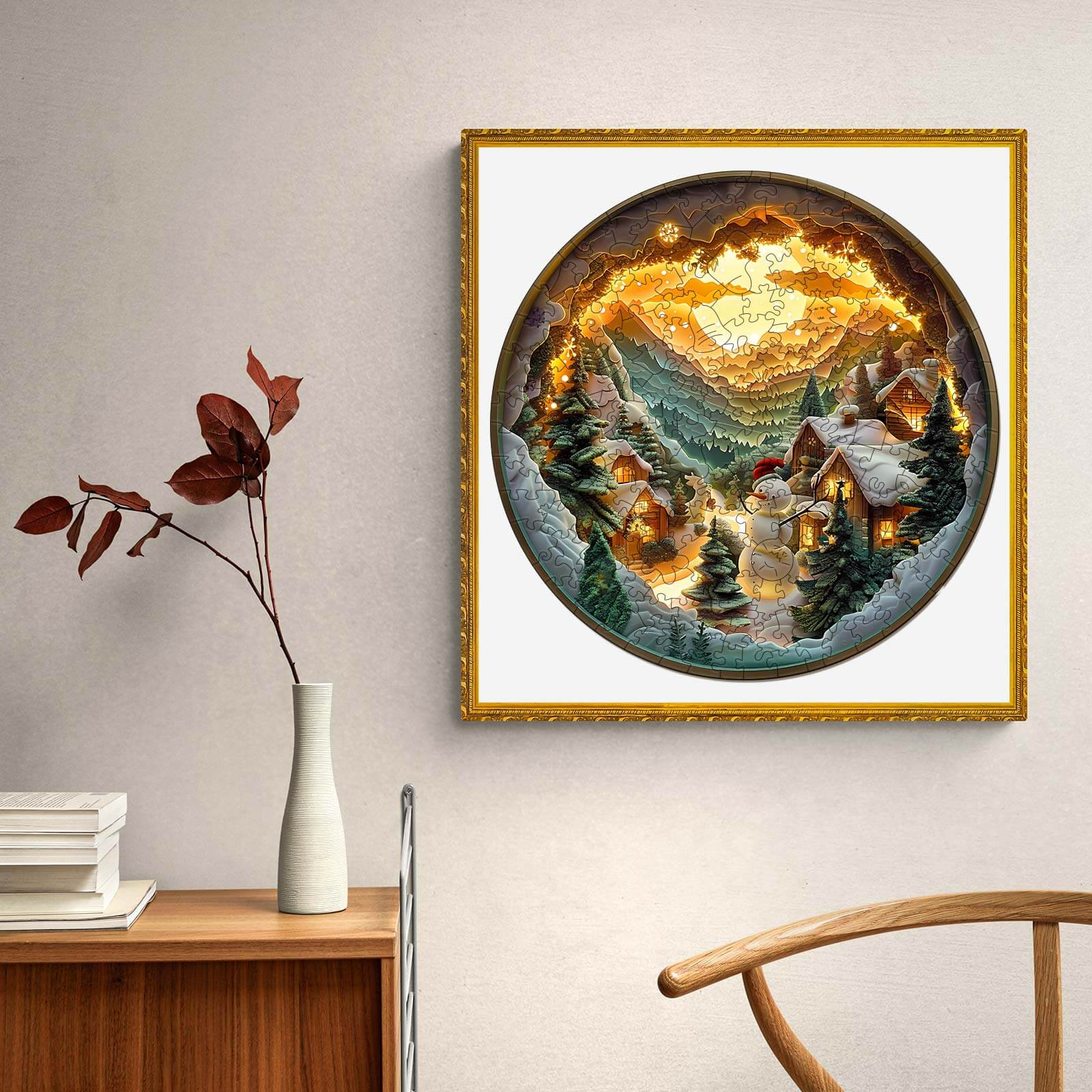 3D Christmas Village Wooden Jigsaw Puzzle framed artwork depicting a serene winter landscape with cozy homes and trees.