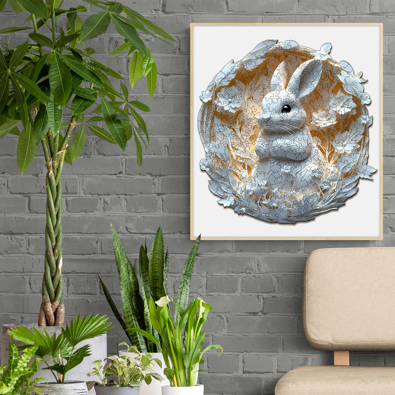 3D Paper Rabbit wooden jigsaw puzzle artwork, designed for mind games, displayed with indoor plants on a stylish wall.