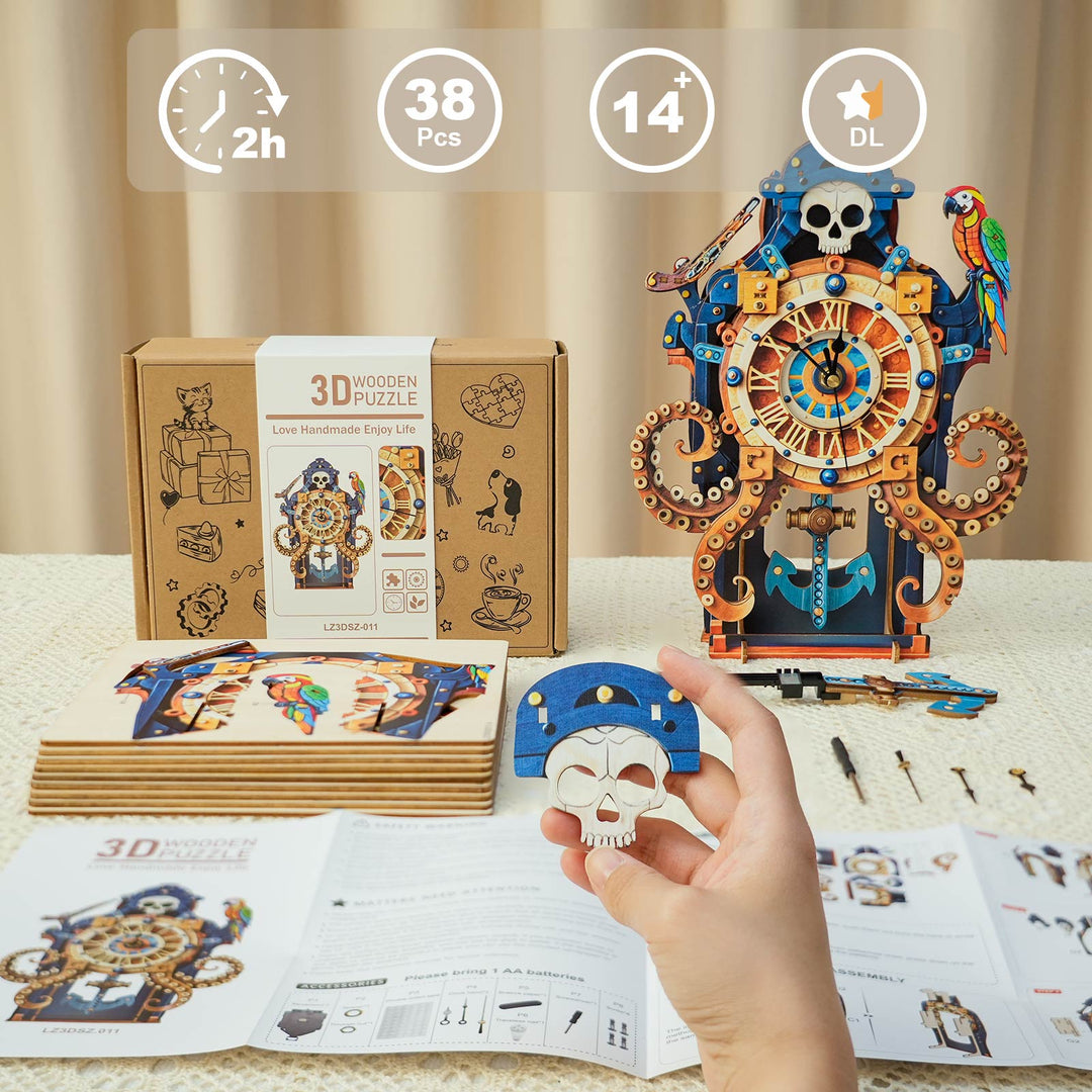 Oktopus-Seemonster – DIY-Holzuhr, 3D-Puzzle-Bastelset