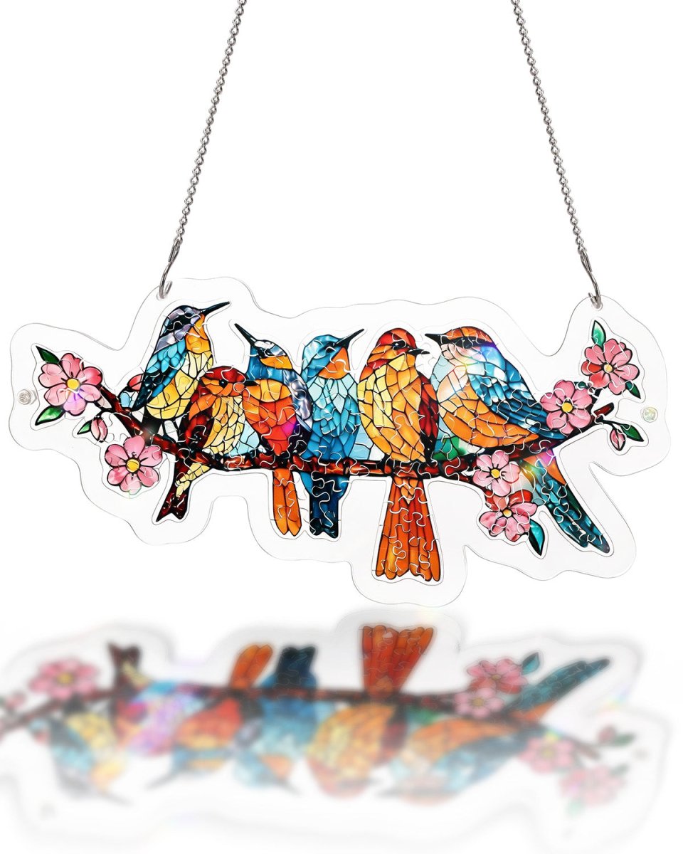 Attrape-soleil puzzle en acrylique - Oiseaux chanteurs en fleurs