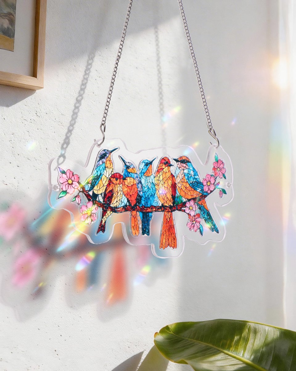 Attrape-soleil puzzle en acrylique - Oiseaux chanteurs en fleurs