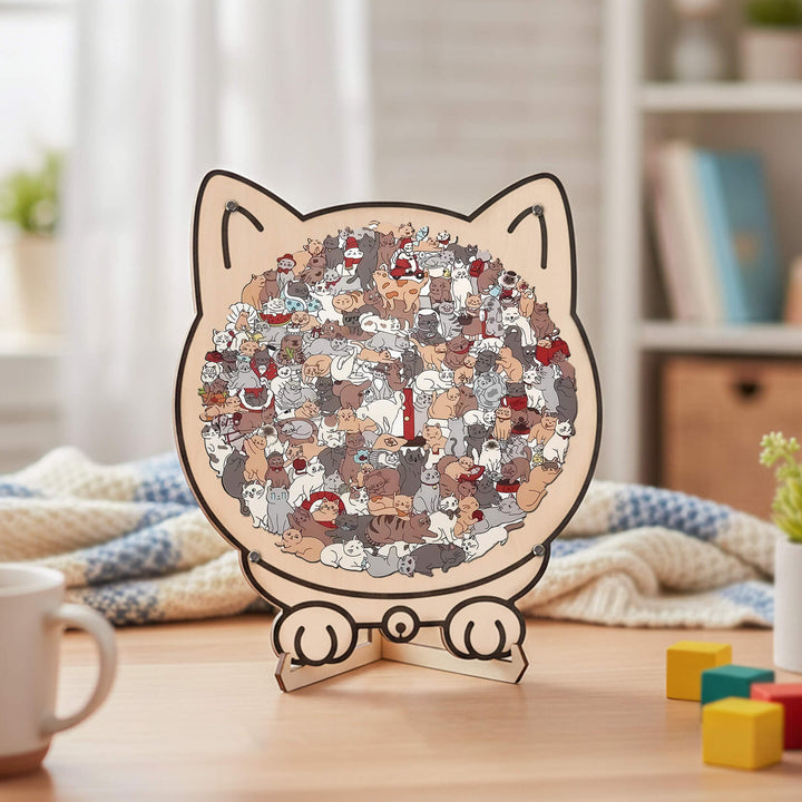 Morandi-Colored Cozy Cat Shaped Wooden Jigsaw Puzzle