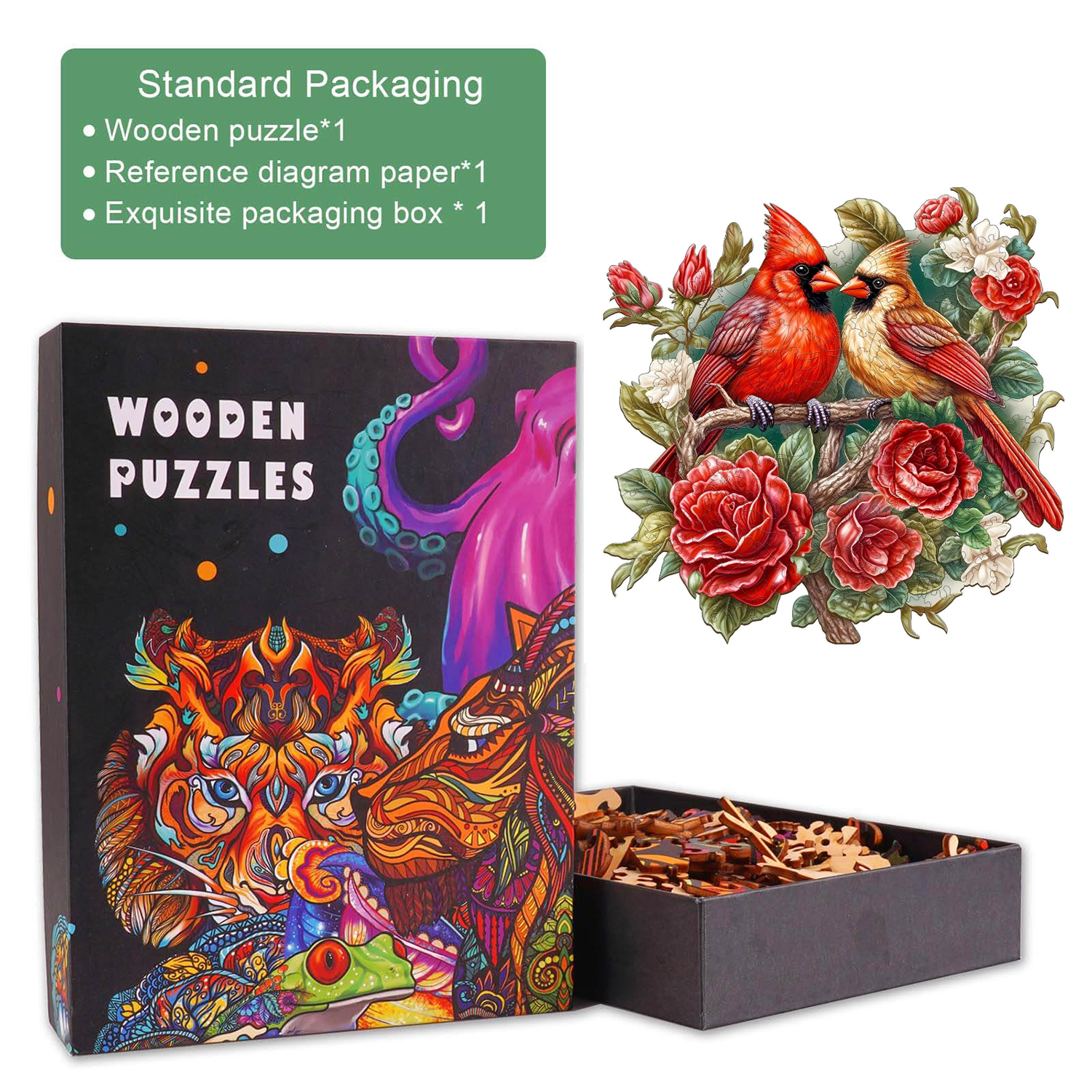 Beautiful Cardinal Wooden Jigsaw Puzzle in exquisite packaging with vibrant artwork and unique puzzle shapes.