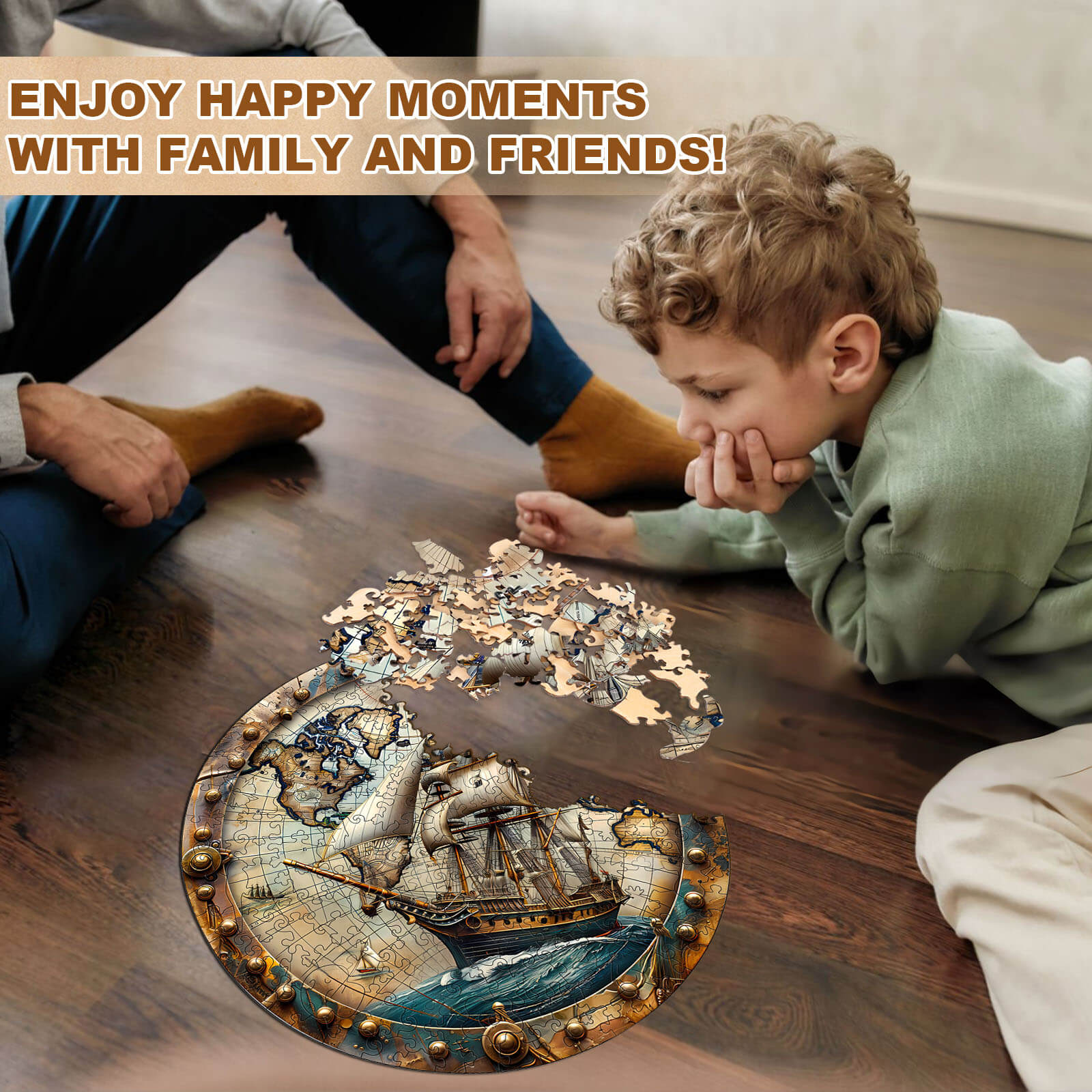 Family enjoying the World Voyage Wooden Jigsaw Puzzle together, creating happy moments and memories.