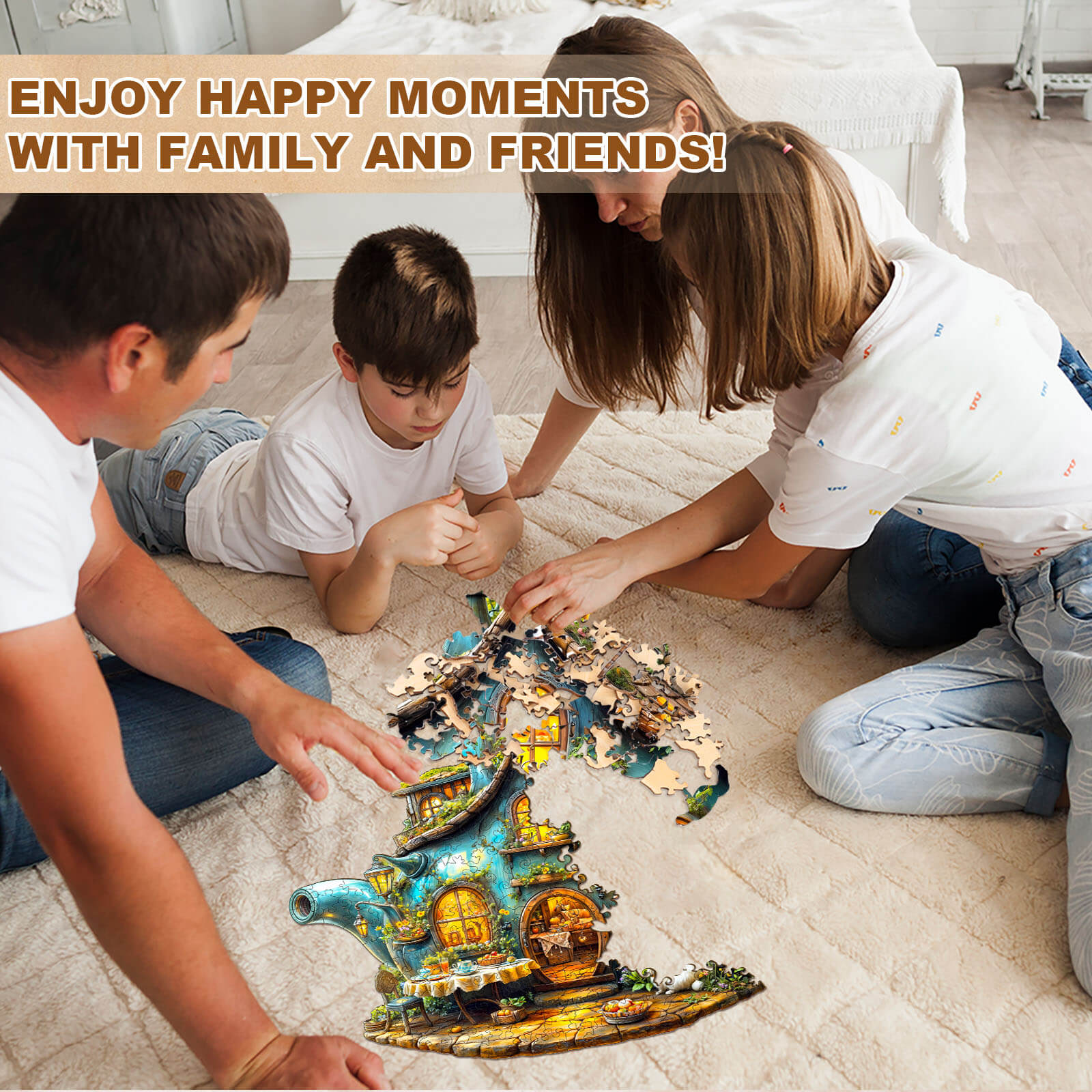 Family and friends enjoying a Rabbit's teapot wooden jigsaw puzzle together, promoting fun and bonding moments.