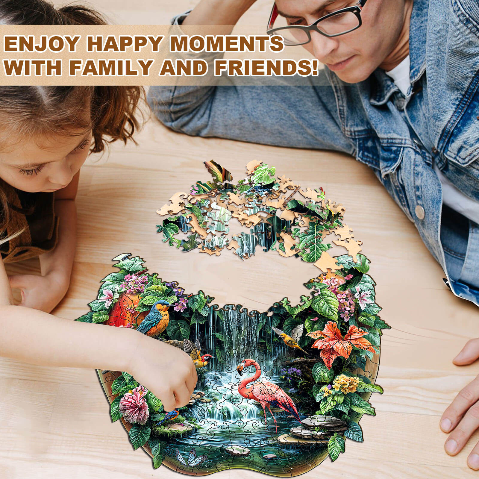 Child and adult enjoying the Paradise Garden wooden jigsaw puzzle together, creating memorable moments.