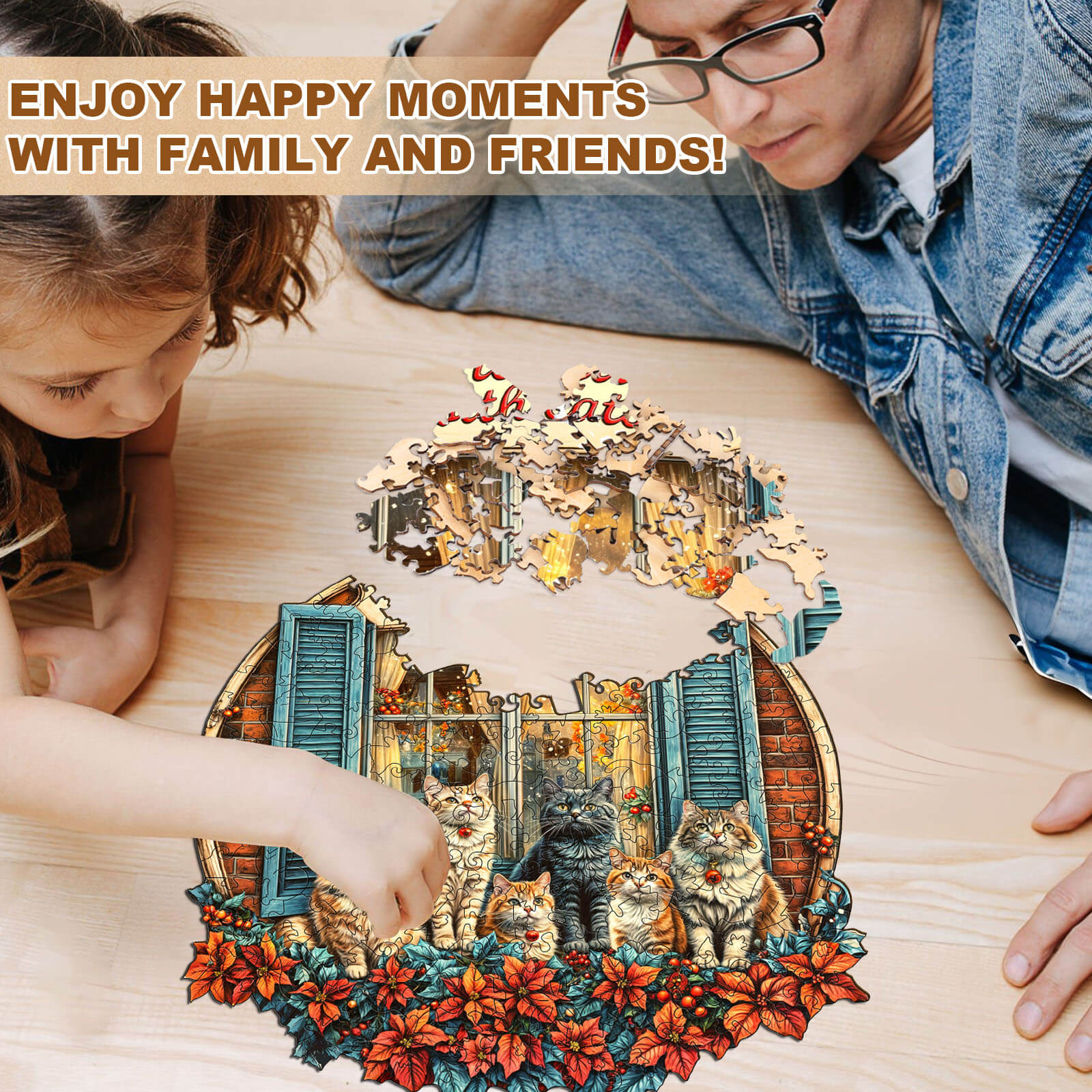 A child and adult enjoy puzzle time together with the Serenade of Cats wooden jigsaw puzzle, fostering family bonding.