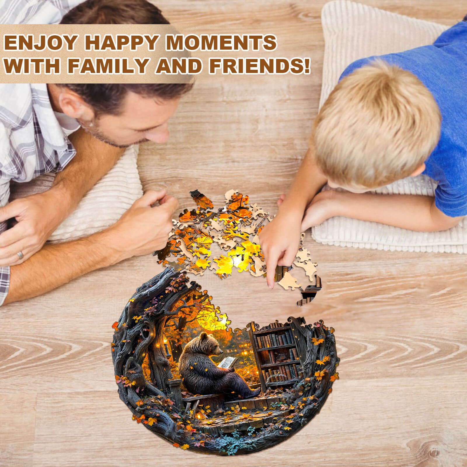 Father and son enjoying the Reading Bear wooden jigsaw puzzle, creating happy moments together.