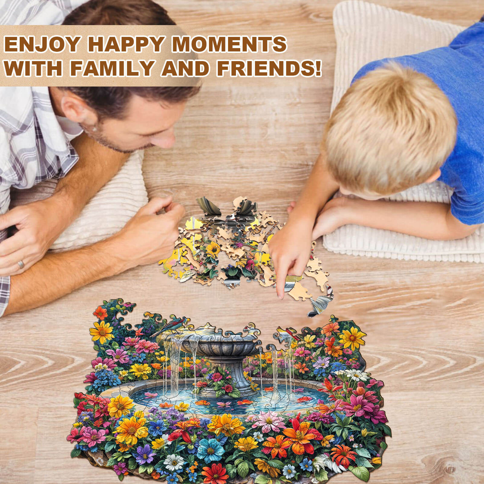 A father and son enjoying happy moments together while assembling the Songbird’s Garden wooden jigsaw puzzle.