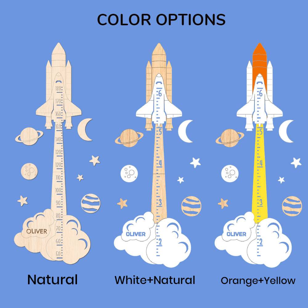 Personalized Wooden Rocket Growth Chart color options: Natural, White + Natural, Orange + Yellow for kids' rooms.