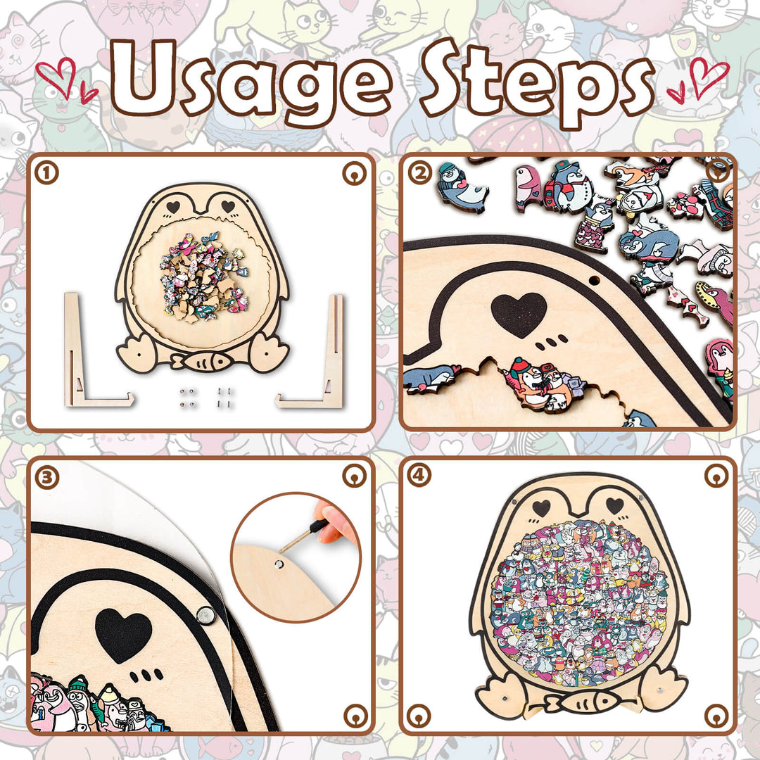 Cute Lover Penguin Shaped Wooden Jigsaw Puzzle