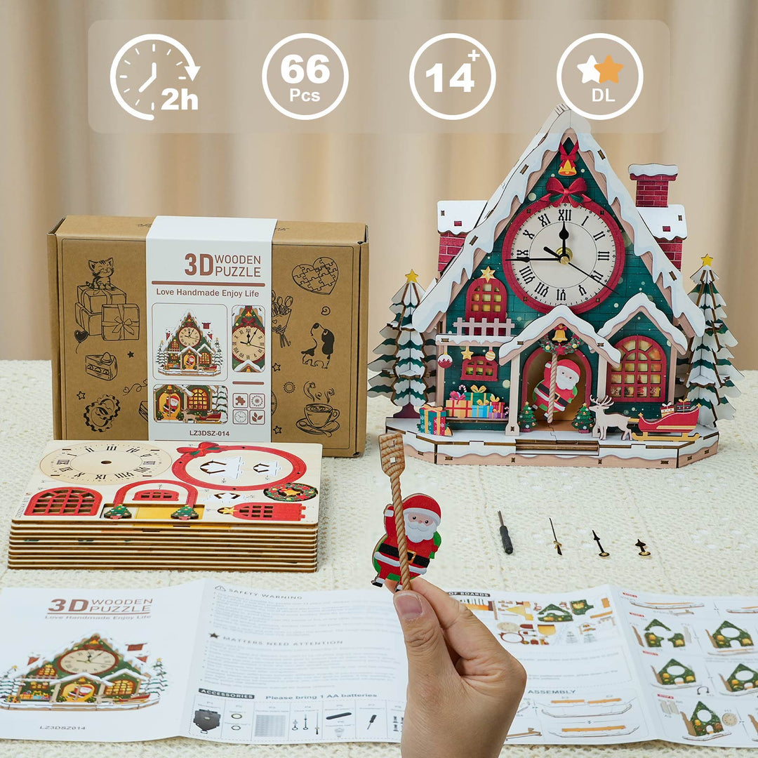 Weihnachts-Schneehäuschen – DIY Holz-Uhr, 3D Puzzle Bastelset