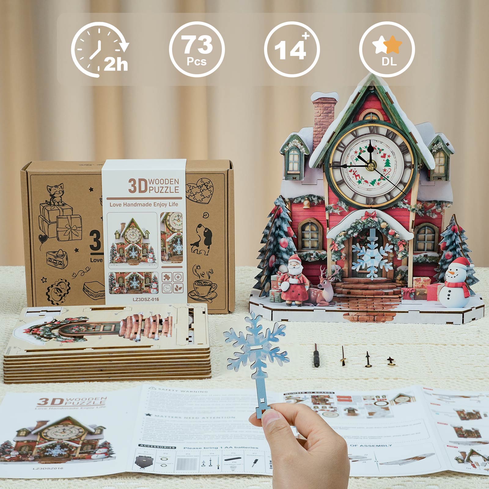 Maison de Noël – Horloge en bois à faire soi-même, kit de puzzle 3D