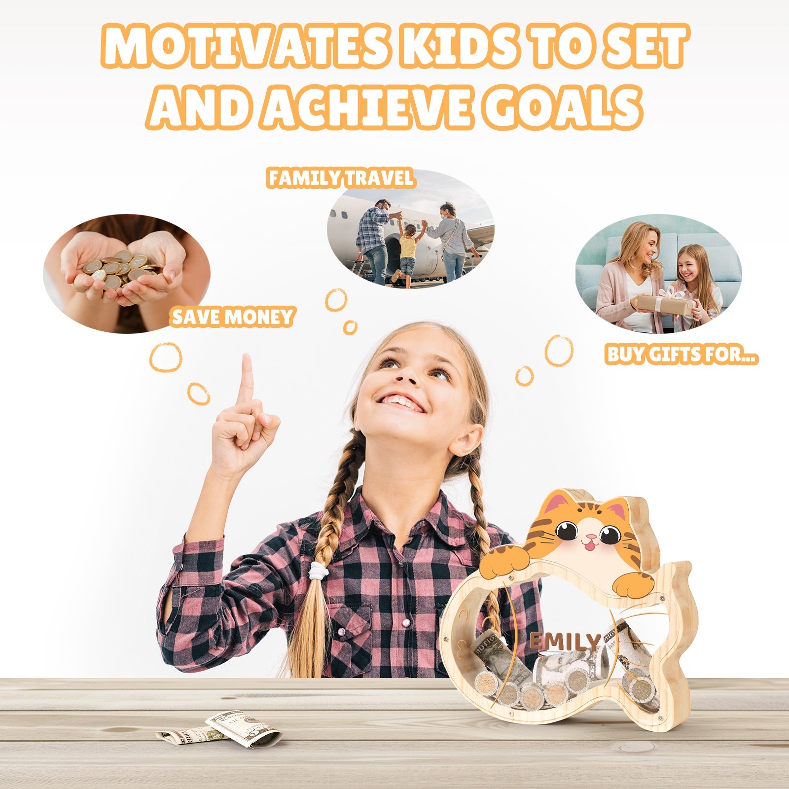 Child with kitten-shaped piggy bank, motivated to save money for family goals and travel.