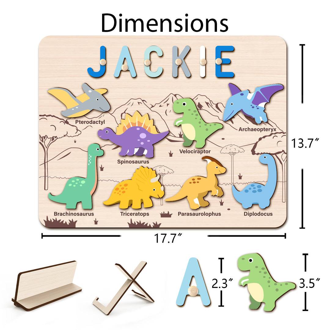 Personalized Dinosaur Name Puzzle featuring colorful dinosaur illustrations and customizable name for educational play.