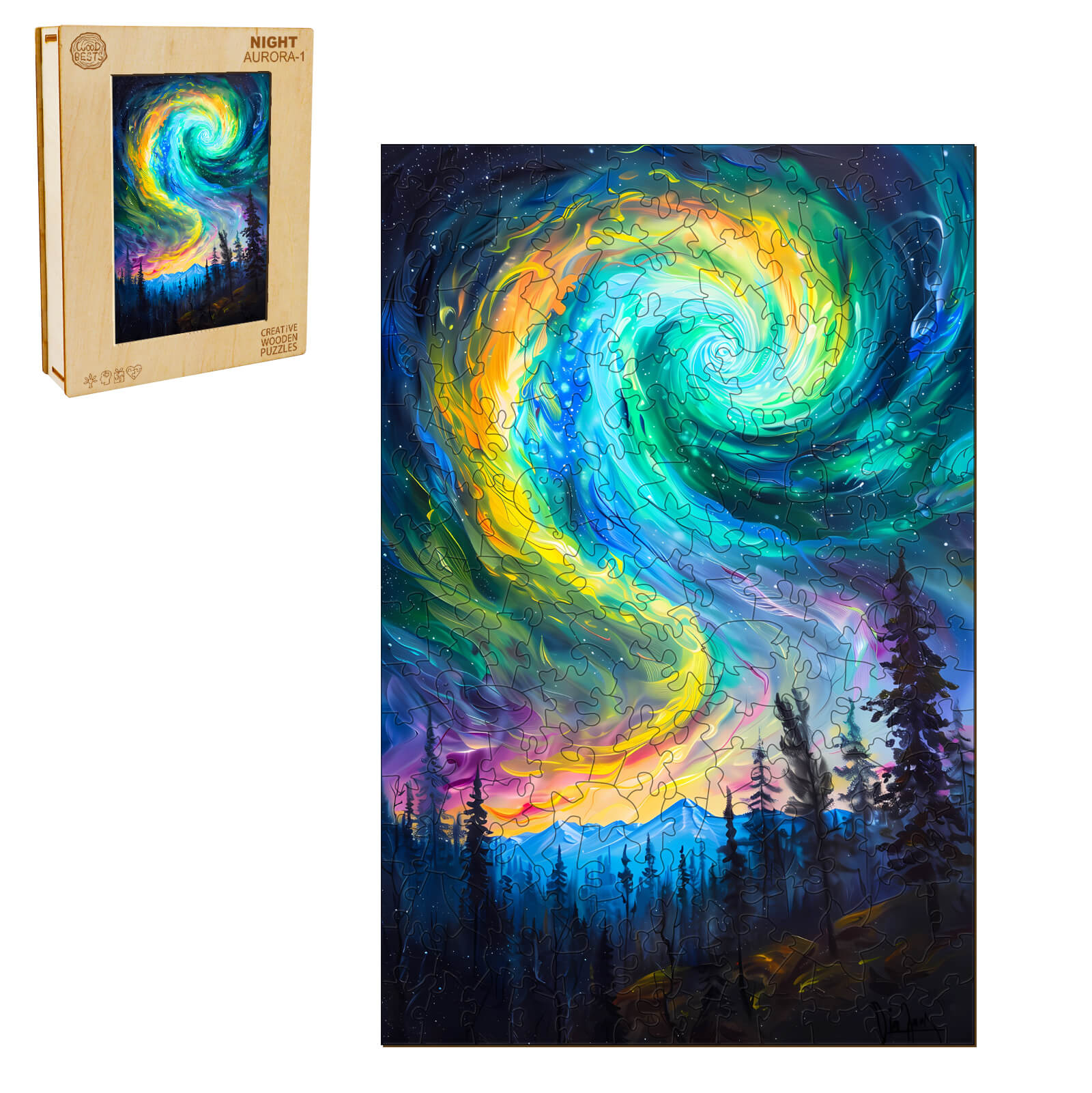 Night Aurora-1 wooden jigsaw puzzle featuring vibrant swirling colors and a forest silhouette.