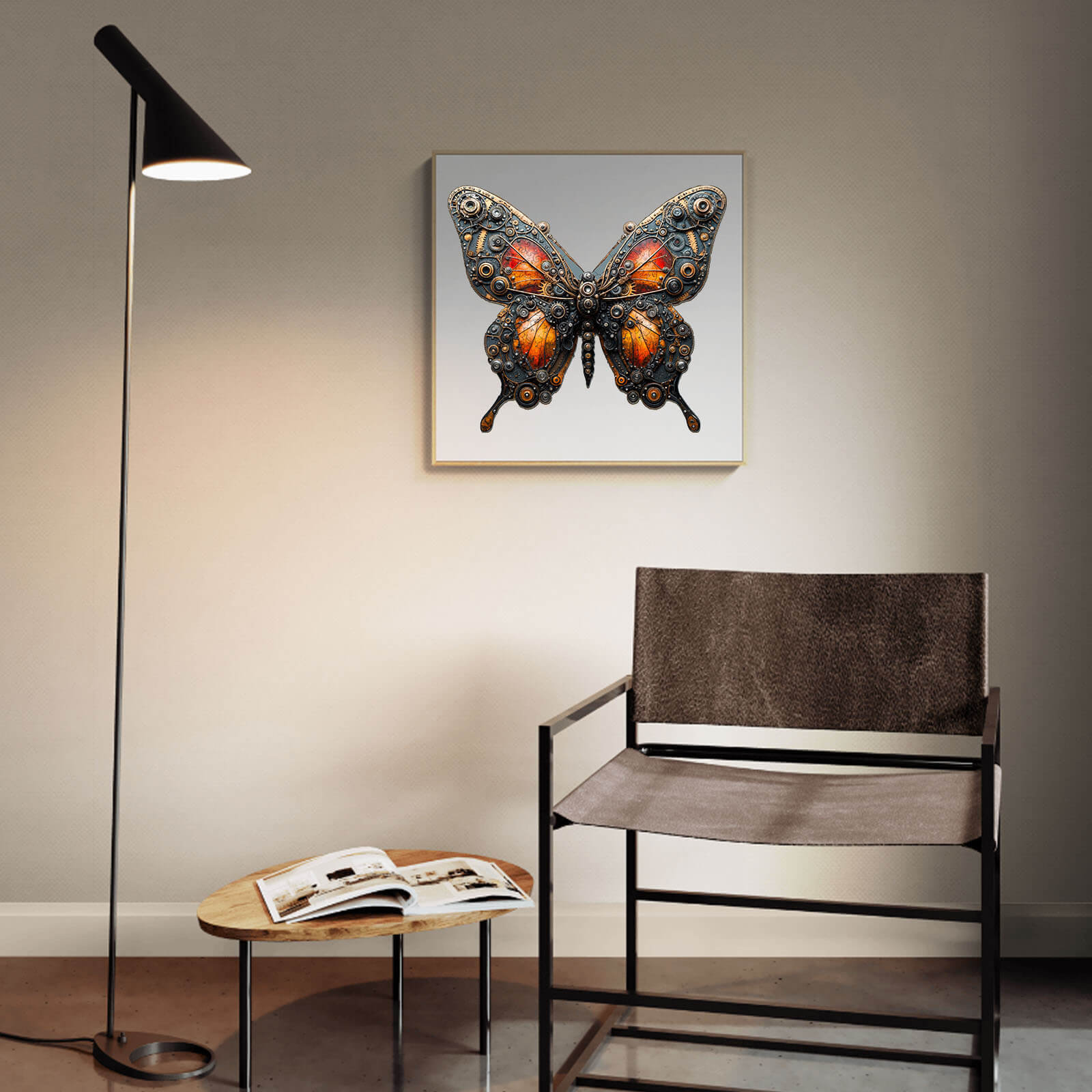 3D Mechanical Butterfly puzzle artwork displayed in a modern living room setting with a chair and lamp.